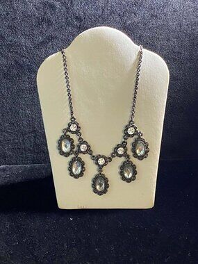 Vintage Gunmetal Bib Victorian Necklace Multiple Crystals Ornate Silver Filigree
